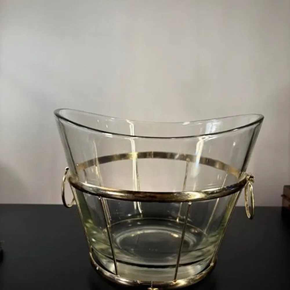 Mid-Century Glass Ice Bucket with Brass Wire Caddy and Ring Handles